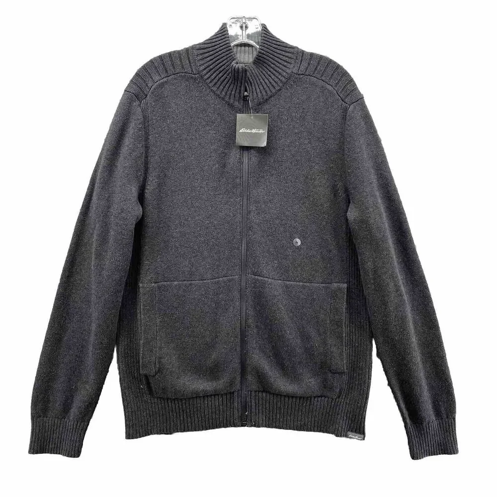 Eddie‎ Bauer Sweater Mens Medium Charcoal Gray Cardigan Knit Full Zip Dad Casual